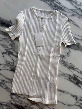 Helmut Lang White Ribbed Pima Short Sleeve Top